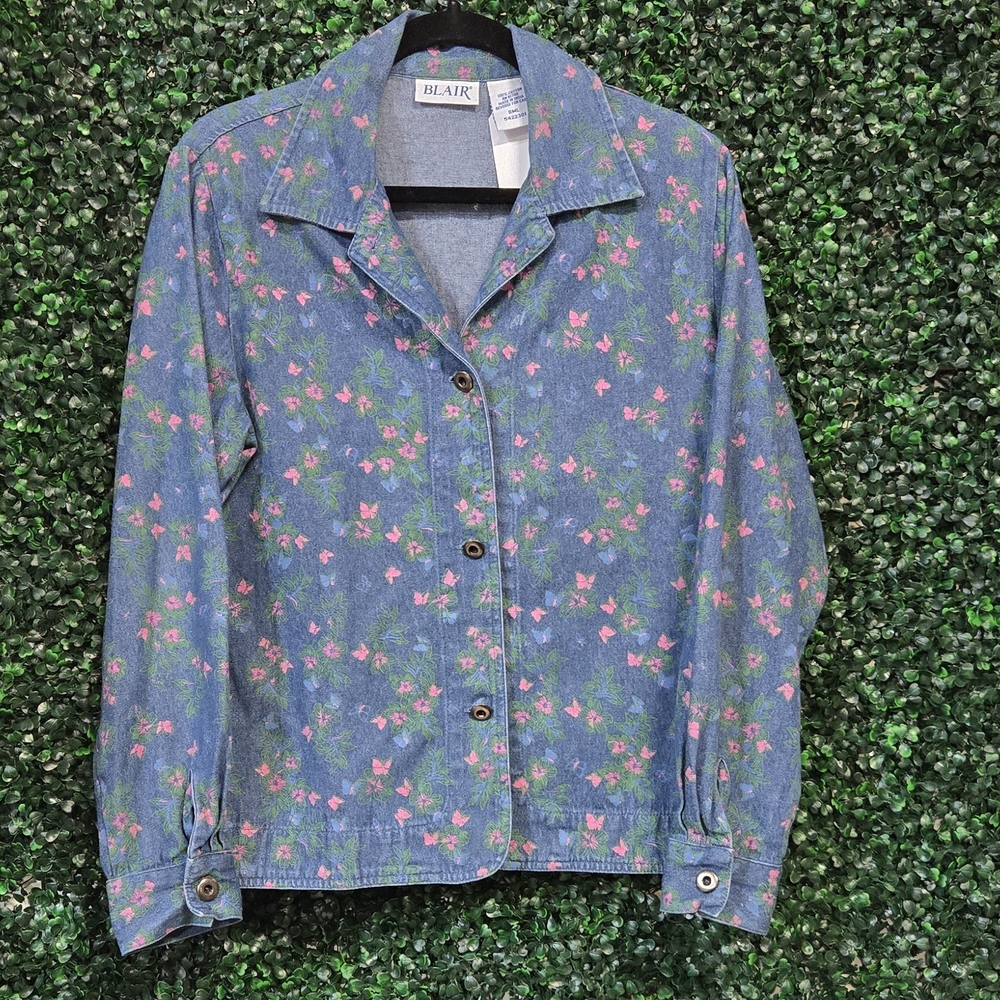 Blair Women's Lightweight Denim Jacket with Pink Floral Design